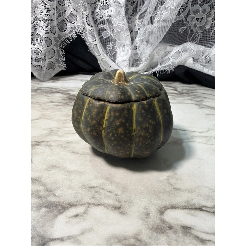VTG Gourd/Pumpkin Ceramic Candle‎ Holder ~ Green ~ 3 x 3 (P2939)